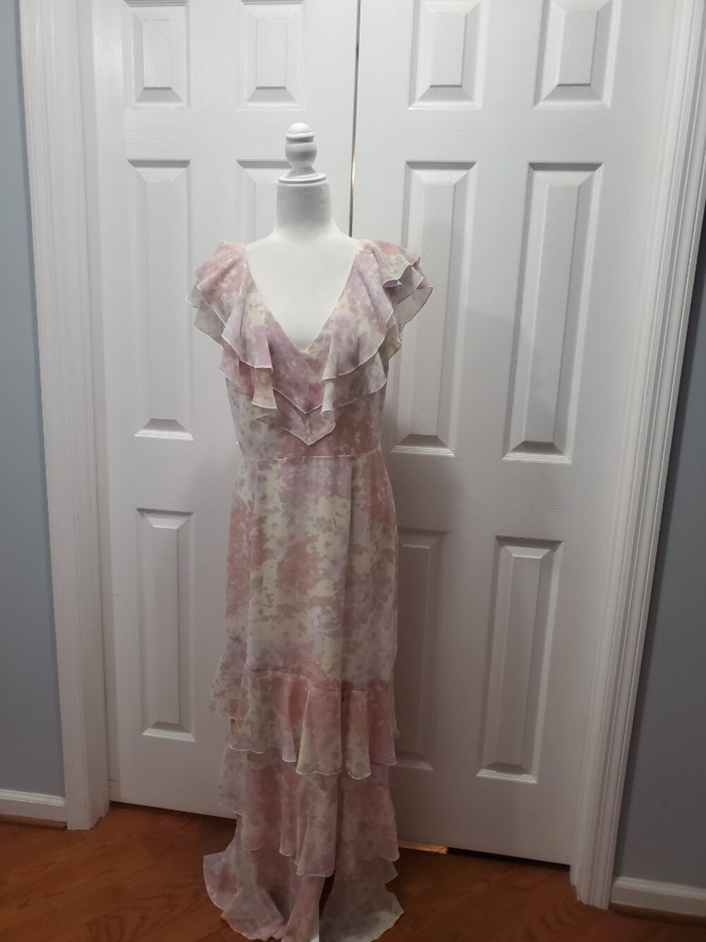 WAYF Pink Floral Ruffle Maxi Dress Size L Cottagecore Romantic Wedding  Guest - Picture 11 of 13
